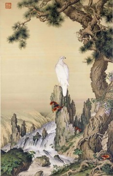 中国 Painting - 中国の伝統的な滝の近くに輝く白い鳥のラング